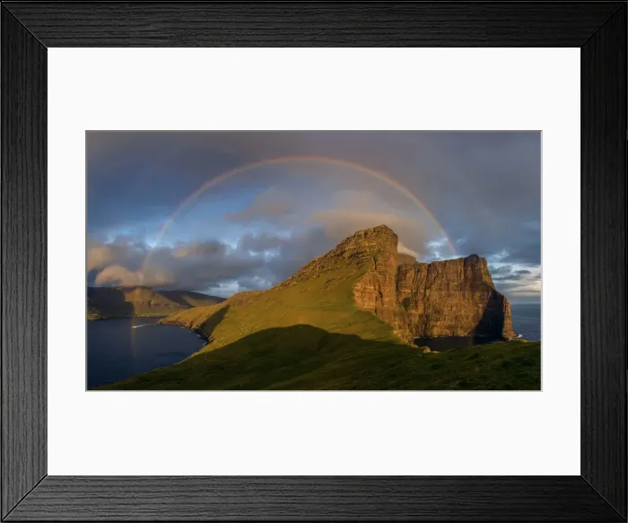 Framed Print : A full rainbow at sunset over the cliffs in Vagar. Faroe Islands Framed Print : A full rainbow at sunset over the cliffs in Vagar. Faroe Islands