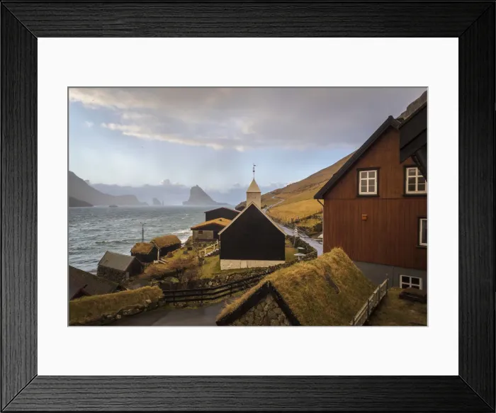 Framed Print : The village of Bour. In the background Drangarnir and Tindholmur. Vagar, Faroe Islands Framed Print : The village of Bour. In the background Drangarnir and Tindholmur. Vagar, Faroe Islands