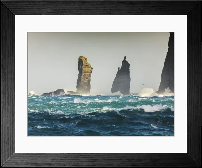 Framed Print : Risin og Kellingin sea stacks hit by rough ocean. Eysturoy, Faroe Islands