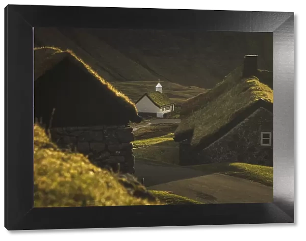 The old Duvugarðar farm and the church of Saksun. Streymoy, Faroe Islands