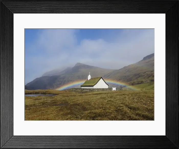 Framed Print : A double rainbow behind the church of Saksun. Streymoy, Faroe Islands