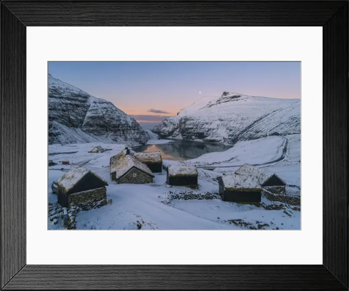 Framed Print : The old Duvugarðar farm in Saksun covered by snow. Streymoy, Faroe Islands Framed Print : The old Duvugarðar farm in Saksun covered by snow. Streymoy, Faroe Islands
