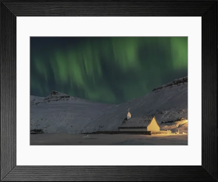Framed Print : Northern lights above the church in Saksun. Streymoy, Faroe Islands Framed Print : Northern lights above the church in Saksun. Streymoy, Faroe Islands