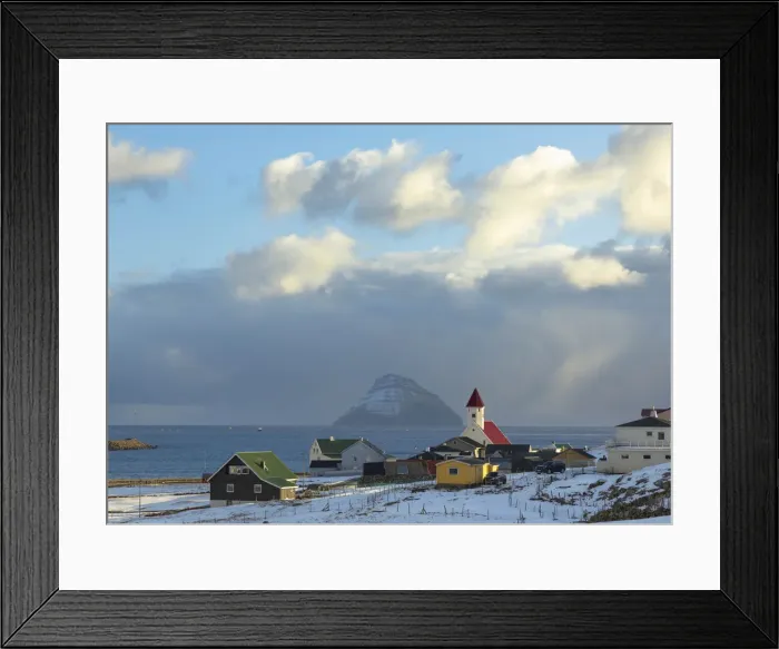 Framed Print : The village of Hvalba covered by snow. In the background the island of Litla Dimun. Suðuroy, Faroe Islands Framed Print : The village of Hvalba covered by snow. In the background the island of Litla Dimun. Suðuroy, Faroe Islands