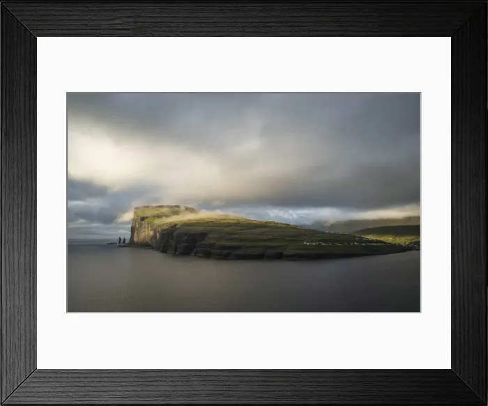 Framed Print : Rising and Kellingin sea stacks and the village of Eiði. Eysturoy, Faroe Islands Framed Print : Rising and Kellingin sea stacks and the village of Eiði. Eysturoy, Faroe Islands