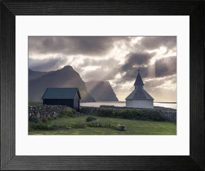 Framed Print : The church in Viðareiði (island of Viðoy). In the background the cliffs of the islands of Borðoy and Kunoy. Faroe Islands Framed Print : The church in Viðareiði (island of Viðoy). In the background the cliffs of the islands of Borðoy and Kunoy. Faroe Islands