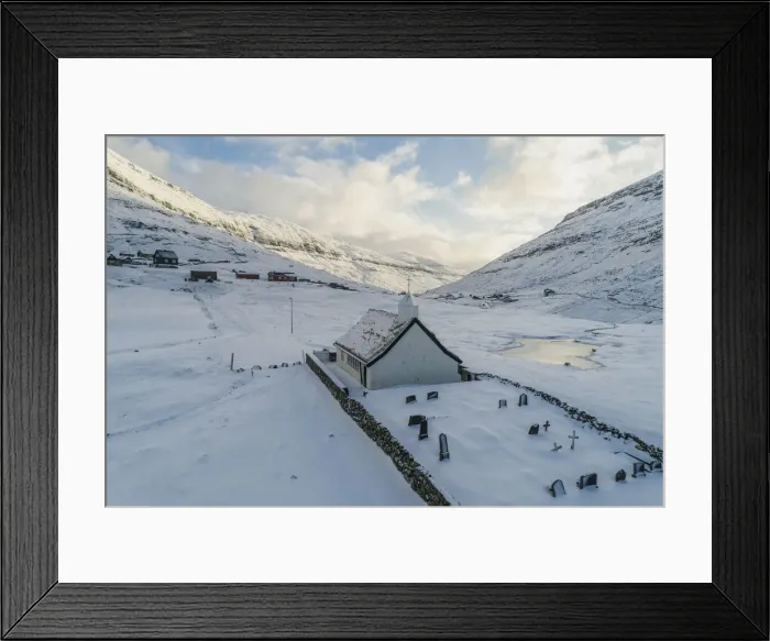 Framed Print : The tiny church in Saksun covered by snow. Streymoy, Faroe Islands Framed Print : The tiny church in Saksun covered by snow. Streymoy, Faroe Islands