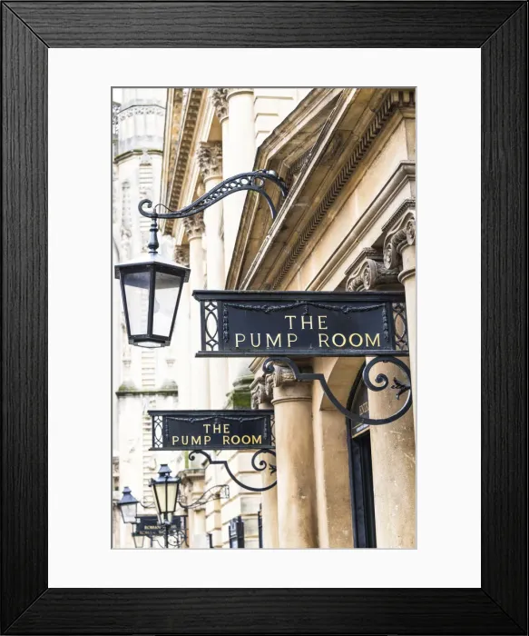 Framed Print : The signs and lanterns of the Pump Room restaurant, Bath, Somerset, England
