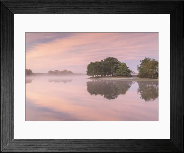 Framed Print : Mist and sunrise on a reflective Hatchet Pond, Beaulieu, New Forest National Park
