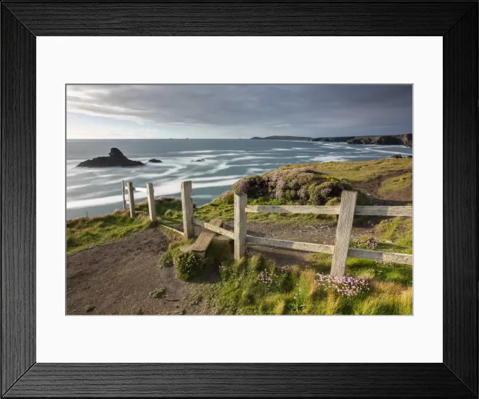 Framed Print : Wooden stile on the South West Coast Path long distance footpath near Porthcothan Bay Framed Print : Wooden stile on the South West Coast Path long distance footpath near Porthcothan Bay