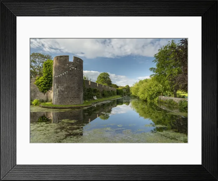 Framed Print : The walls and moat of Wells Bishops Palace on summer evening, Wells, Somerset Framed Print : The walls and moat of Wells Bishops Palace on summer evening, Wells, Somerset