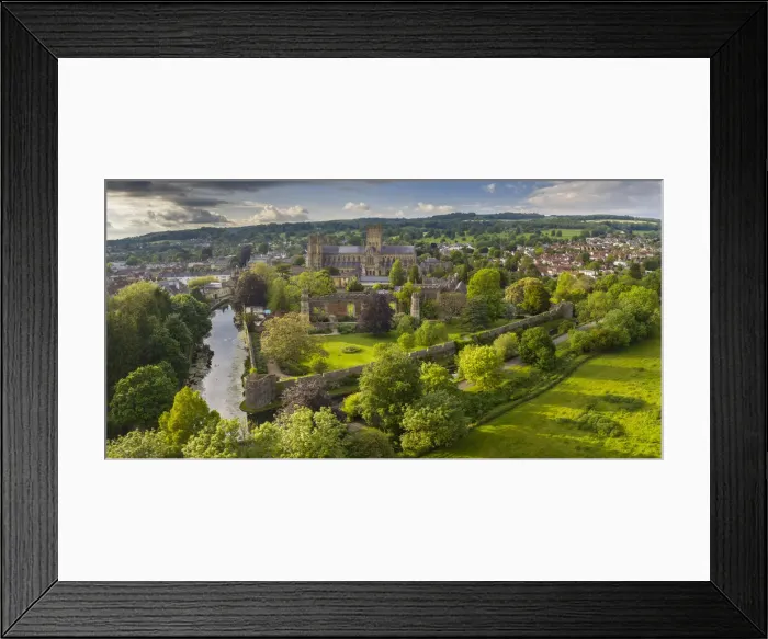 Framed Print : Aerial view of Wells Cathedral and Bishops Palace, Wells, Somerset, England Framed Print : Aerial view of Wells Cathedral and Bishops Palace, Wells, Somerset, England