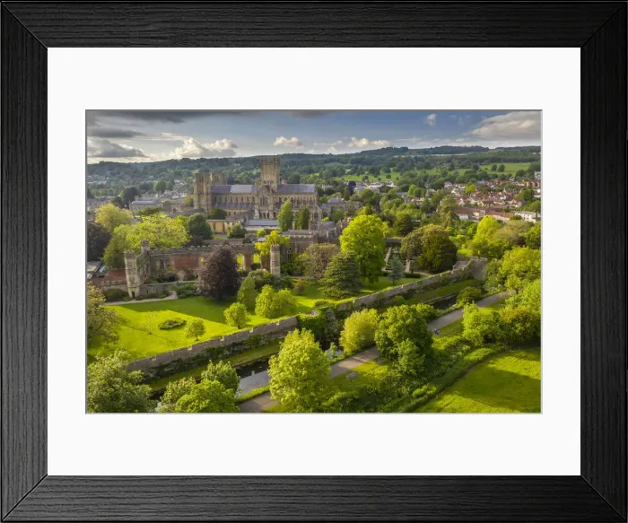 Framed Print : Aerial view of Wells Cathedral and Bishops Palace, Wells, Somerset, England Framed Print : Aerial view of Wells Cathedral and Bishops Palace, Wells, Somerset, England