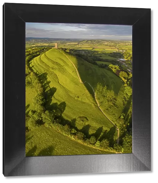 Aerial view of Glastonbury Tor and St Michaels Tower, Somerset, England