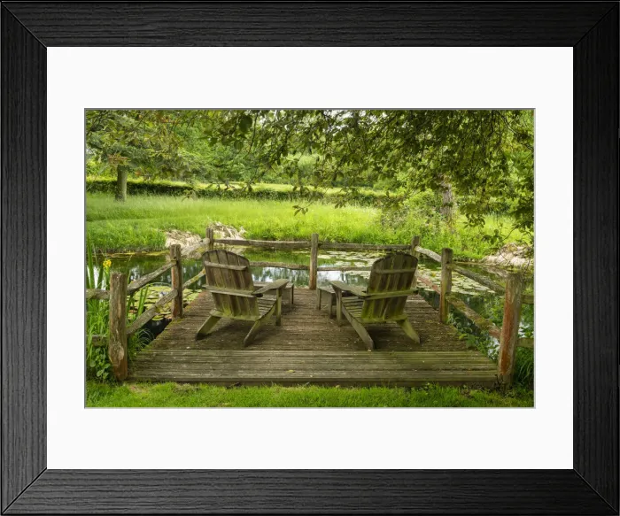 Framed Print : Wooden Deck Chairs Overlooking Pond, Wyken Hall, Stanton, Suffolk, England Framed Print : Wooden Deck Chairs Overlooking Pond, Wyken Hall, Stanton, Suffolk, England