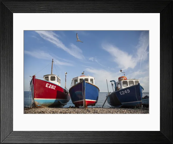 Framed Print : Boats on the beach. Beer, Devon. England. United Kingdom