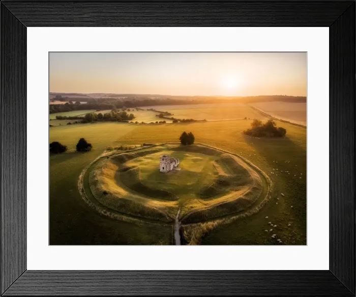 Framed Print : Knowlton Church and earthworks from the air at sunrise, Knowlton, Dorset, England, UK Framed Print : Knowlton Church and earthworks from the air at sunrise, Knowlton, Dorset, England, UK