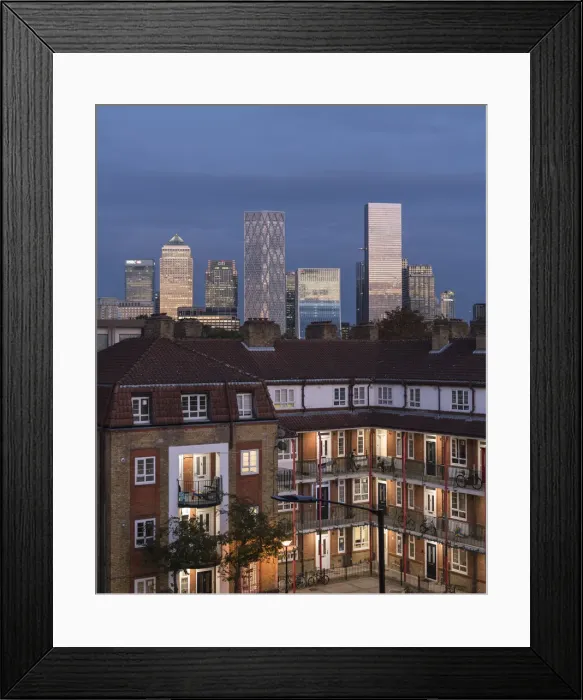 Framed Print : View of Housing Estate in Rotherhithe with Canary Wharf in background, London, England