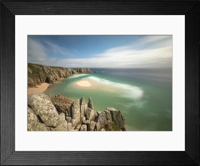 Framed Print : Pedn Vounder Beach and Logan Rock, Porthcurno, Cornwall, England, UK