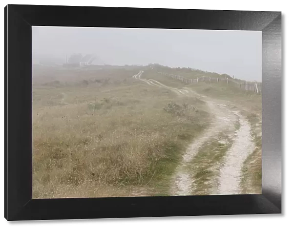 Path in the fog at the village of Kerfissien, Finistere, Brittany, France