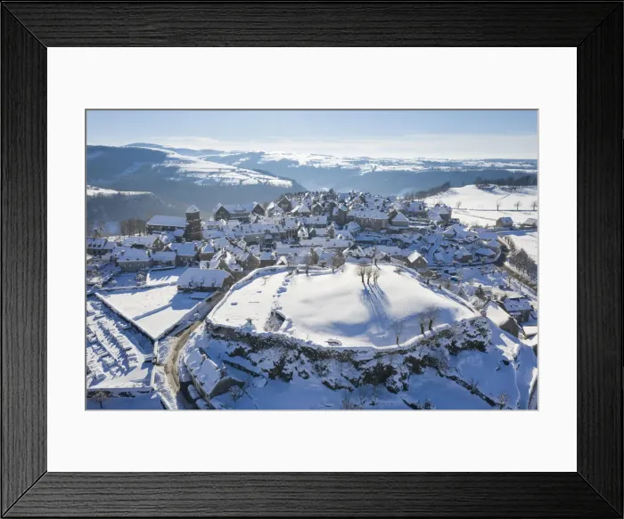 Framed Print : France, Auvergne-Rhone-Alpes, Cantal, Salers, aerial view of the medieval village of Framed Print : France, Auvergne-Rhone-Alpes, Cantal, Salers, aerial view of the medieval village of