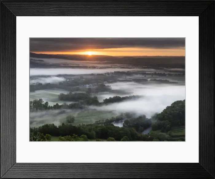 Framed Print : France, Occitanie, Lot, aerial view of the Dordogne river on a misty morning at sunrise Framed Print : France, Occitanie, Lot, aerial view of the Dordogne river on a misty morning at sunrise