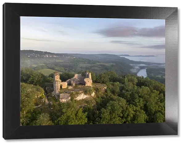 France, Occitanie, Lot, aerial view of the Taillefer ruins & Dordogne river