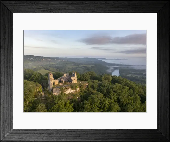 Framed Print : France, Occitanie, Lot, aerial view of the Taillefer ruins & Dordogne river Framed Print : France, Occitanie, Lot, aerial view of the Taillefer ruins & Dordogne river