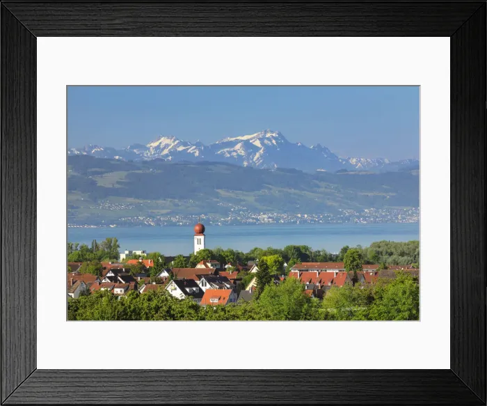 Framed Print : View over Kressbronn to Lake Constance and Swiss Alps with Santis (2502m), Swabia, Baden-Wuerttemberg, Germany Framed Print : View over Kressbronn to Lake Constance and Swiss Alps with Santis (2502m), Swabia, Baden-Wuerttemberg, Germany