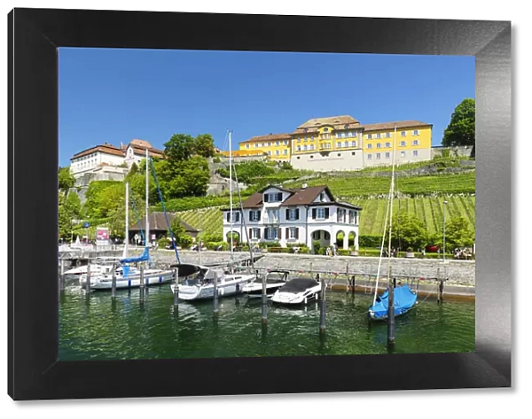 View from the harbour to the State Winery, Meersburg, Upper Swabia, Baden-Wurttemberg, Germany