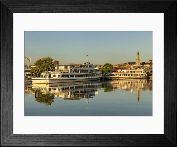 Framed Print : Harbour with ferry boats at sunrise, Konstanz, Lake Constance, Baden Wurttemberg, Germany