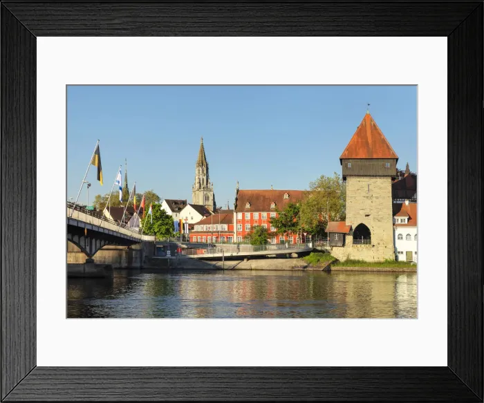 Framed Print : Rheintorturm Tower and Cathedral at Seerhein River, Konstanz, Lake Constance, Baden Wurttemberg, Germany