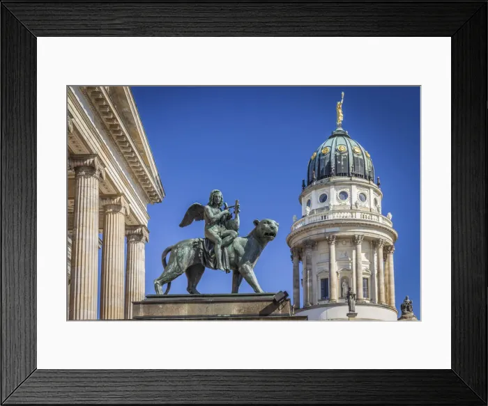 Framed Print : Angel statue on lion at Berlin Concert Hall and French Cathedral, Gendarmenmarkt, Berlin Framed Print : Angel statue on lion at Berlin Concert Hall and French Cathedral, Gendarmenmarkt, Berlin