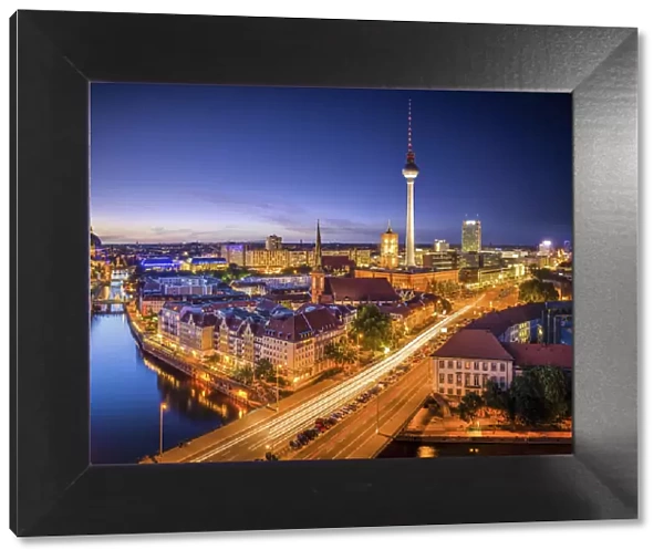 View of the Spree, Nikolaiviertel and Television Tower at the evening, Berlin, Germany