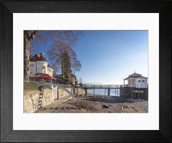 Framed Print : Waterfront promenade with bathing huts in Wasserburg am Bodensee, Bavaria, Germany Framed Print : Waterfront promenade with bathing huts in Wasserburg am Bodensee, Bavaria, Germany