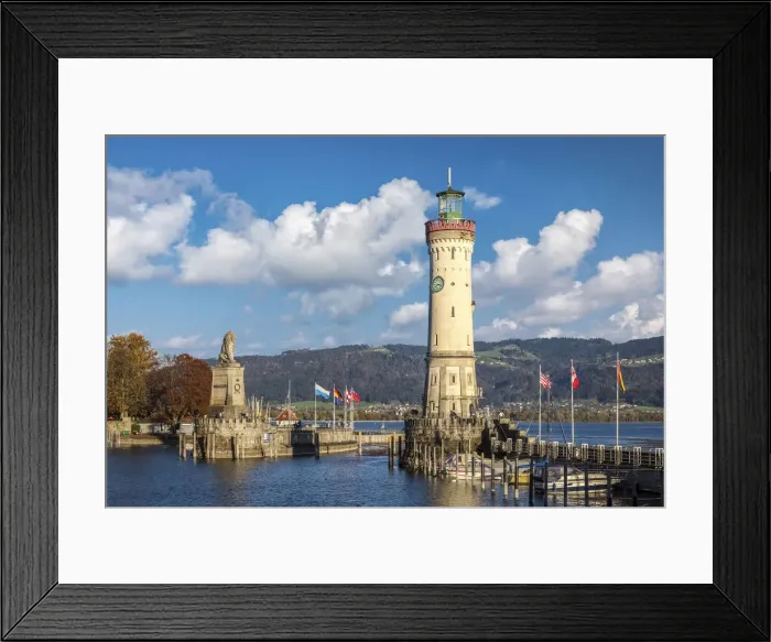 Framed Print : Harbor with Bavarian lion and lighthouse, Lindau on Lake Constance, Swabia, Bavaria