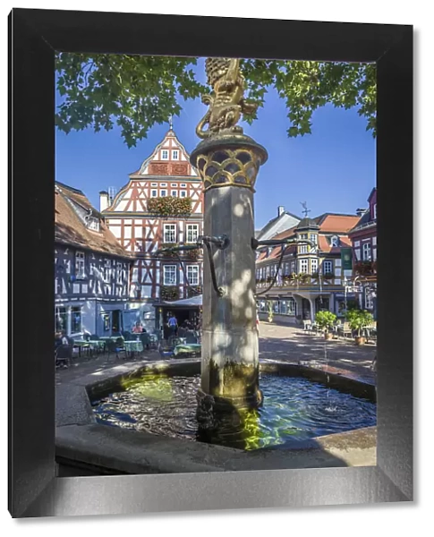 Historic lion fountain on the market square of Idstein, Hesse, Germany
