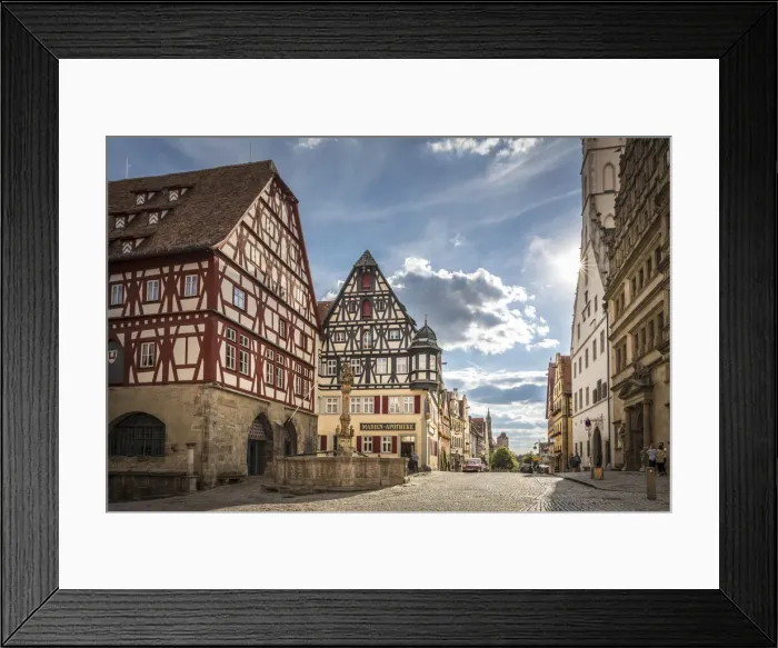 Framed Print : Market Square fountain and historic houses in Herrngasse in the old town of Rothenburg ob Framed Print : Market Square fountain and historic houses in Herrngasse in the old town of Rothenburg ob