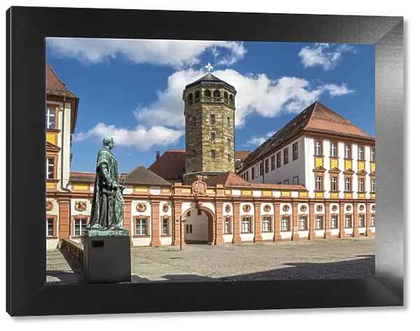 Old castle with Maximilian monument and castle tower, Bayreuth, Upper Franconia, Bavaria