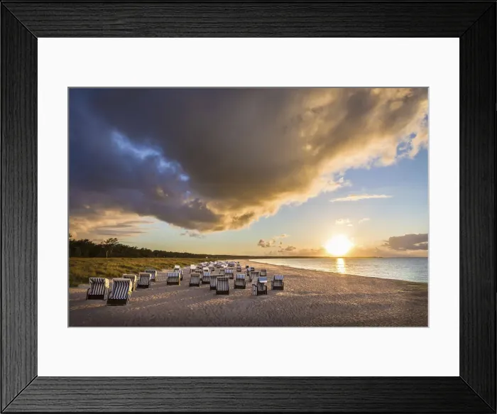 Framed Print : Beach chairs with sunset in Prerow, Mecklenburg-Western Pomerania, Northern Germany Framed Print : Beach chairs with sunset in Prerow, Mecklenburg-Western Pomerania, Northern Germany
