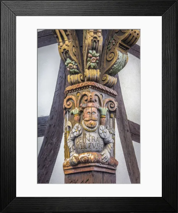 Framed Print : Carving on half-timbered house in the old town of Kronberg, Taunus, Hesse, Germany Framed Print : Carving on half-timbered house in the old town of Kronberg, Taunus, Hesse, Germany