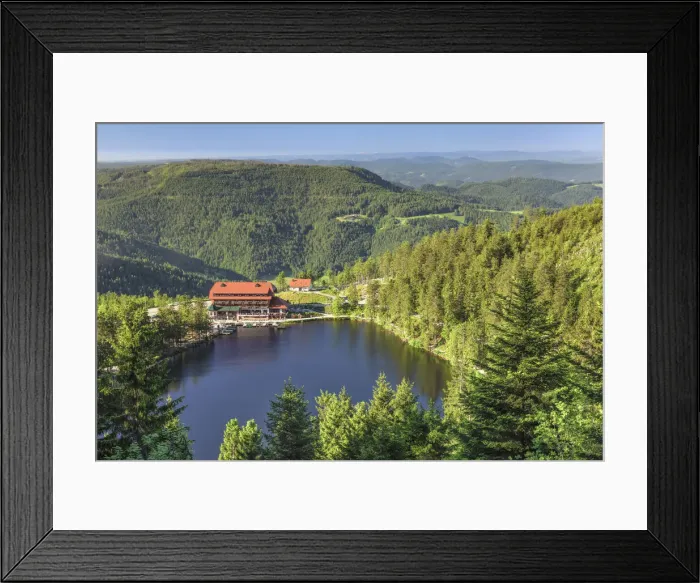 Framed Print : View over Mummelsee lake to Berghotel Mummelsee hotel, Black Forest National Park, Baden-Wurttemberg, Germany Framed Print : View over Mummelsee lake to Berghotel Mummelsee hotel, Black Forest National Park, Baden-Wurttemberg, Germany