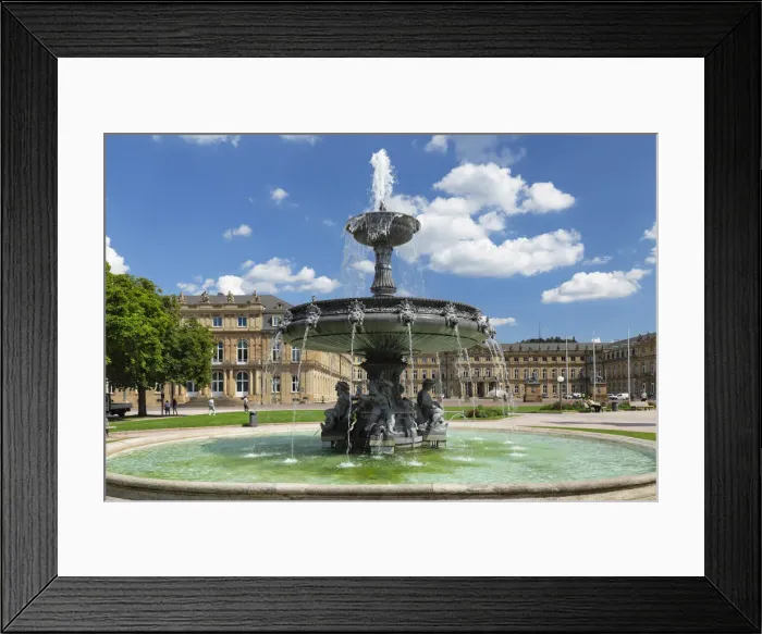 Framed Print : Fountain at Schlossplatz square and Neues Schloss Castle, Stuttgart, Baden-Wurttemberg, Germany