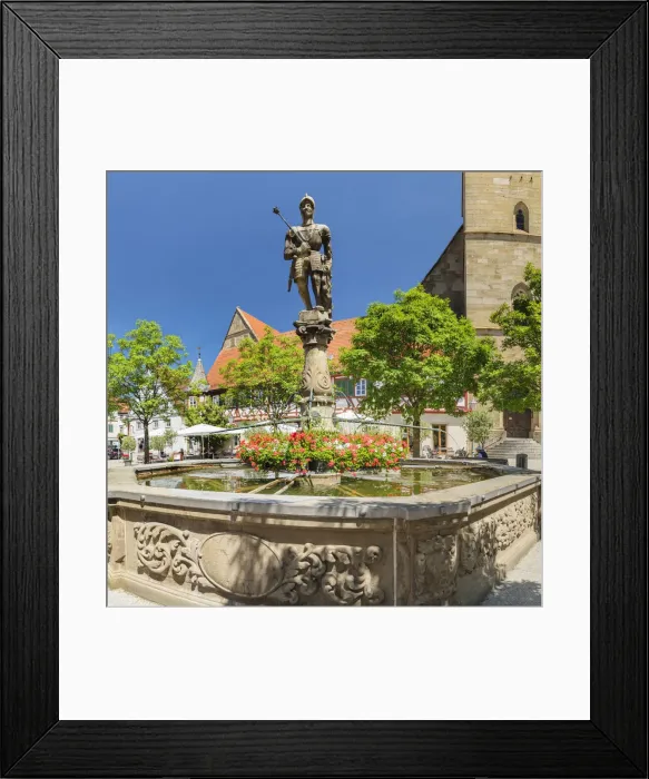 Framed Print : Graf Albrecht fountain at the market square, Mesner Stiftskirche church, Ohringen, Hohenlohe, Baden-Wurttemberg, Germany