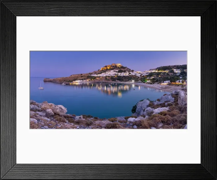 Framed Print : Lindos Acropolis & Megali Paralia Beach at Night, Rhodes, Dodecanese Islands, Greece