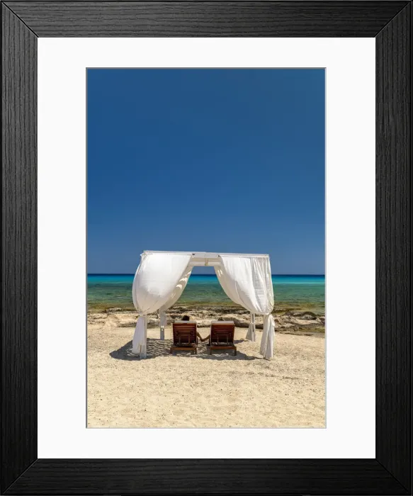 Framed Print : Cabana & Couple on Sunbeds on Beach, Rhodes, Dodecanese Islands, Greece Framed Print : Cabana & Couple on Sunbeds on Beach, Rhodes, Dodecanese Islands, Greece