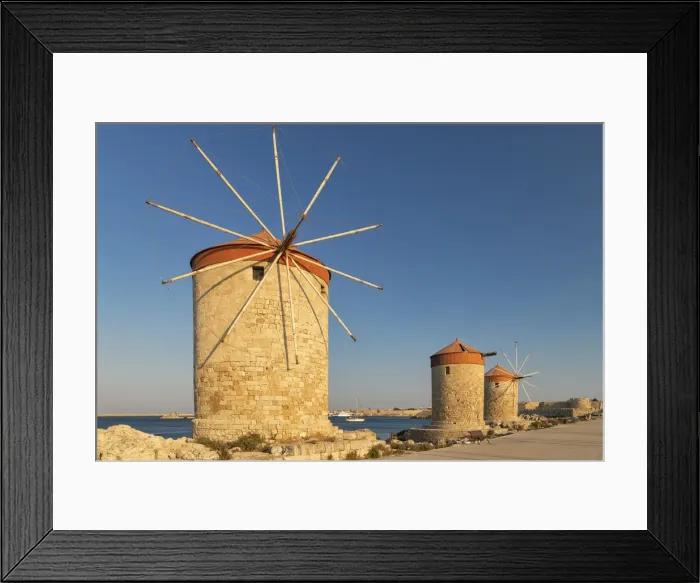 Framed Print : Windmills Along Old Harbour, Rhodes, Dodecanese Islands, Greece Framed Print : Windmills Along Old Harbour, Rhodes, Dodecanese Islands, Greece