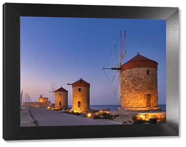 Windmills & St. Nicholas Fortress at Night, Rhodes, Dodecanese Islands, Greece
