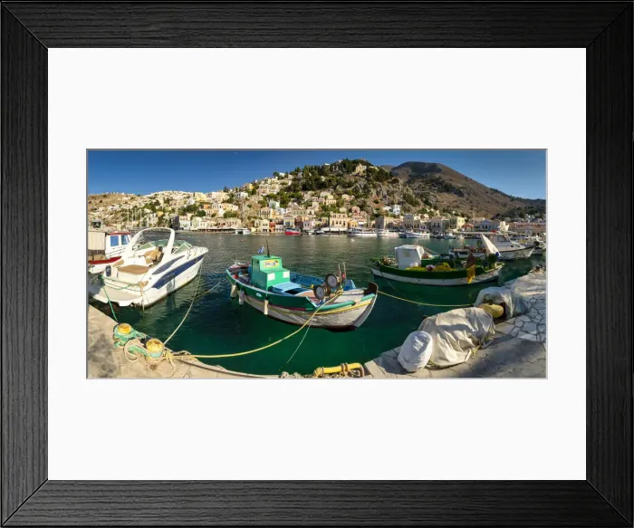 Framed Print : Fishing Boats in Gialos Harbour, Symi Island, Dodecanese Islands, Greece Framed Print : Fishing Boats in Gialos Harbour, Symi Island, Dodecanese Islands, Greece