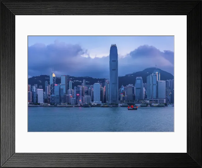 Framed Print : Hong Kong Island at Dusk with a Red Sailed Junk in the foreground, Hong Kong, China Framed Print : Hong Kong Island at Dusk with a Red Sailed Junk in the foreground, Hong Kong, China